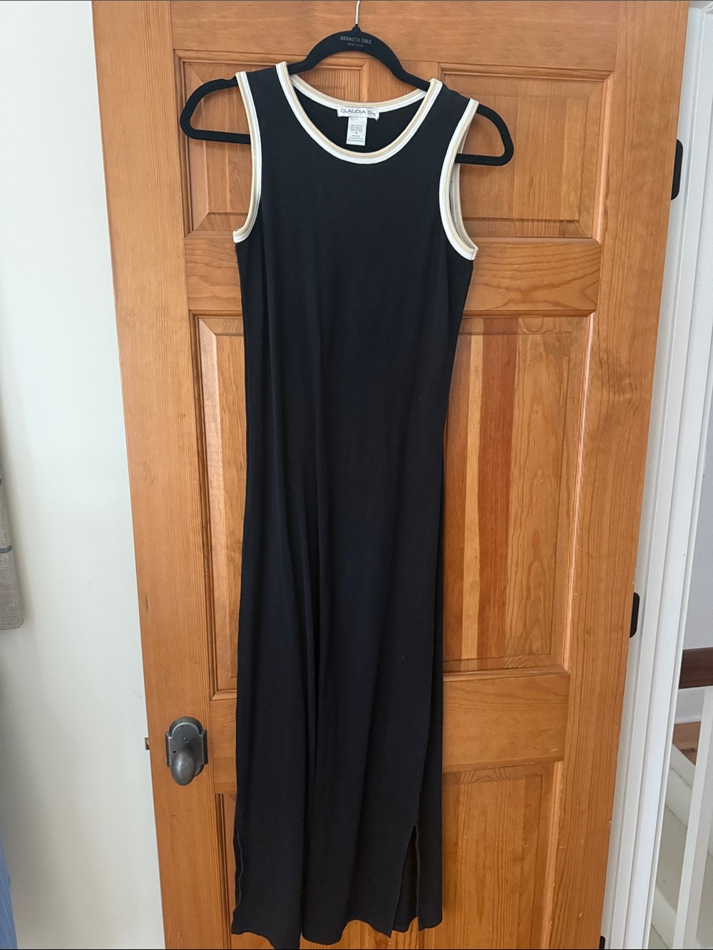 Vintage Y2K cotton Claudia D Black Midi Tank Dress with tan & white Trim size S